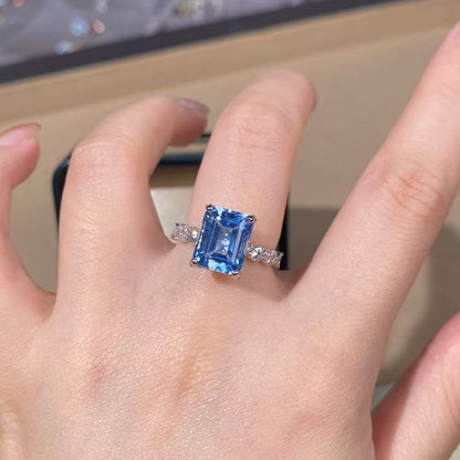 Lab-Grown Emerald Cut Aquamarine Ring, Solid 925 Silver (8x10mm)
