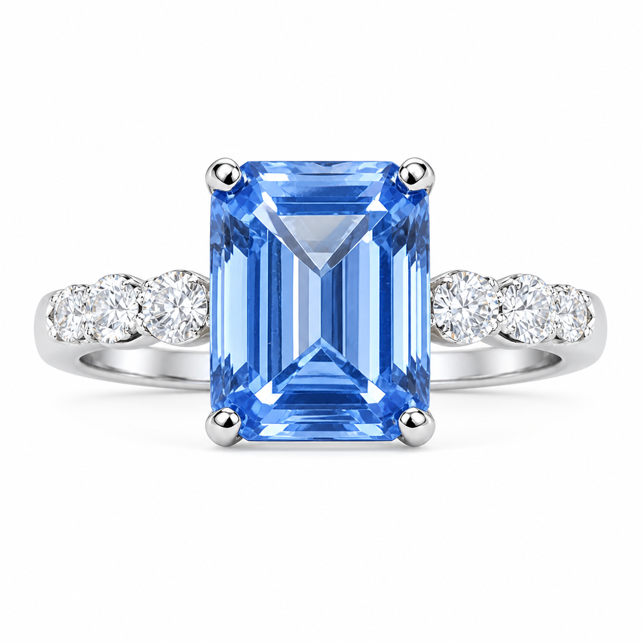 Lab-Grown Emerald Cut Aquamarine Ring, Solid 925 Silver (8x10mm)