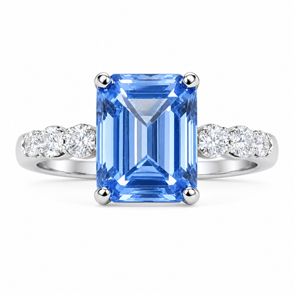 Lab-Grown Emerald Cut Aquamarine Ring, Solid 925 Silver (8x10mm)